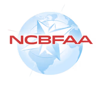 Red NCBFAA text over a blue globe with a white compass star in the center.