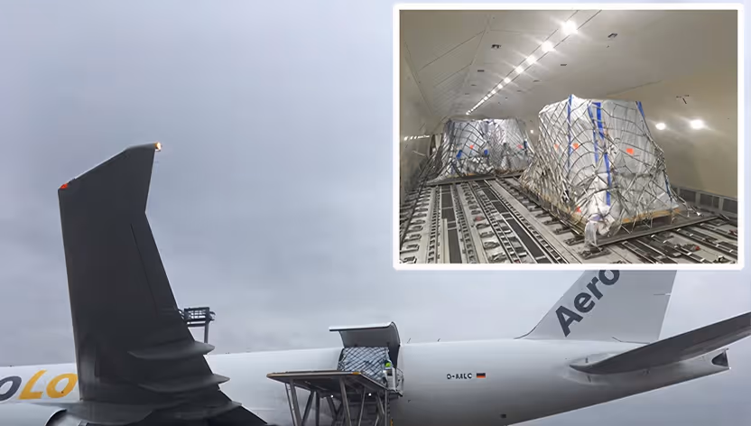 Cargo plane being loaded with netted pallets, inset shows secured cargo inside the plane's interior.